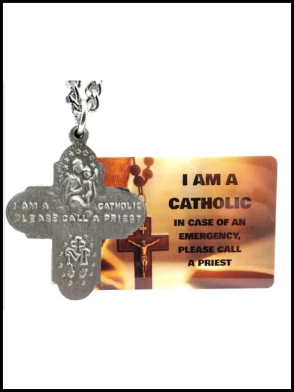 Four Way Pewter Medal Necklace Stainless Steel Chain Catholic Holy Card Set